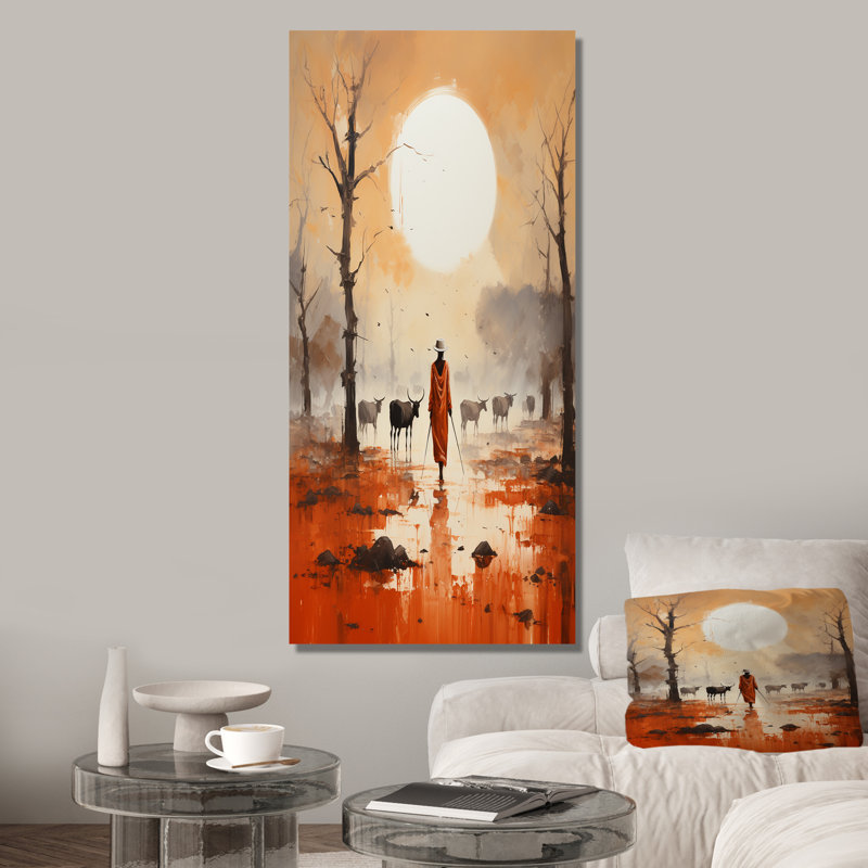 African Dinka Bétail Camp III - Art mural tribal africain, Toile tendue, 60" H x 40" W