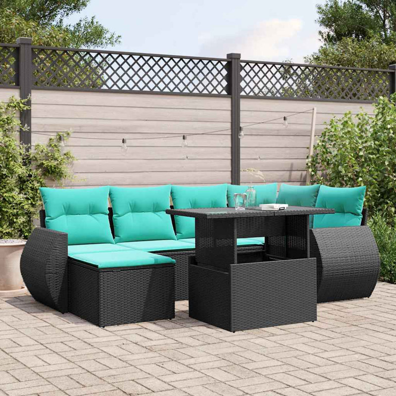 Ensemble de canapé de patio 7 pièces avec coussins en rotin de polyester, Bleu clair, Noir