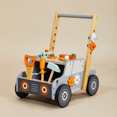Ensemble de trottinette en bois et banc à outils en bois avec jouets de construction, roues en caoutchouc et centre d'activités pour les tout-petits apprenant à marcher