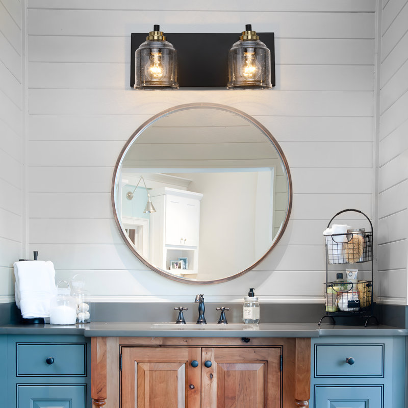 Modern Farmhouse Dimmable Bathroom Vanity Light with Seeded Glass and One-Piece Backplate, 2, Matte Black/Gold