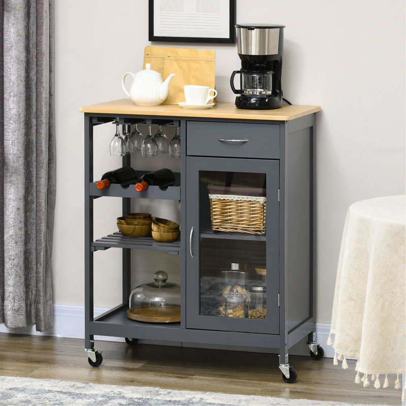 Îlot de cuisine roulant avec rangement, chariot de cuisine avec support à vin pour 4 bouteilles, chariot de bar avec porte-verres à pied, tablettes, tiroir et armoire