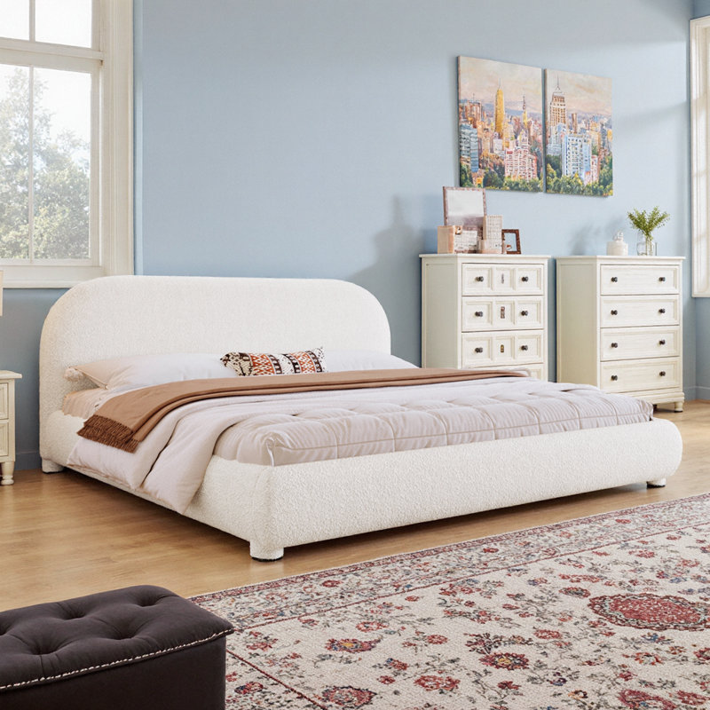 Structure de lit très grand en tissu crème Boucle - lit tapissier moderne avec tête de lit courbée, Crème, crème
