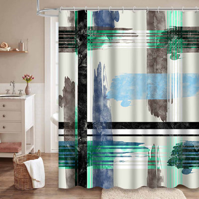Rideau de douche aquarelle à rayures bleues à carreaux avec 12 crochets