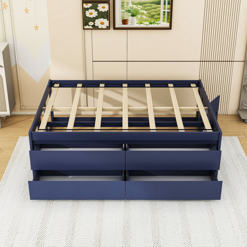 Lit plateforme de rangement en bois avec tiroirs, Lit double, Navy Blue