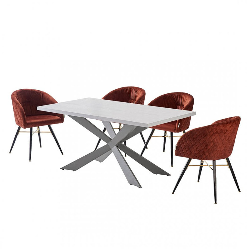 Goddard 4 Person Dining set - a Rectangular Wooden Dining Table with Metal Legs and a Set of 4 Quilted Velvet Dining Chairs for Dining Room - Modern Dining Table Set