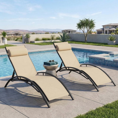 Set Of 2 Outdoor Patio Chaise Lounge Recliners With 5 Position Adjustable Backrest For Poolside Backyard Deck Relaxation Use