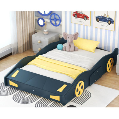Lit plateforme double en forme de voiture de course fonctionnelle avec roulettes