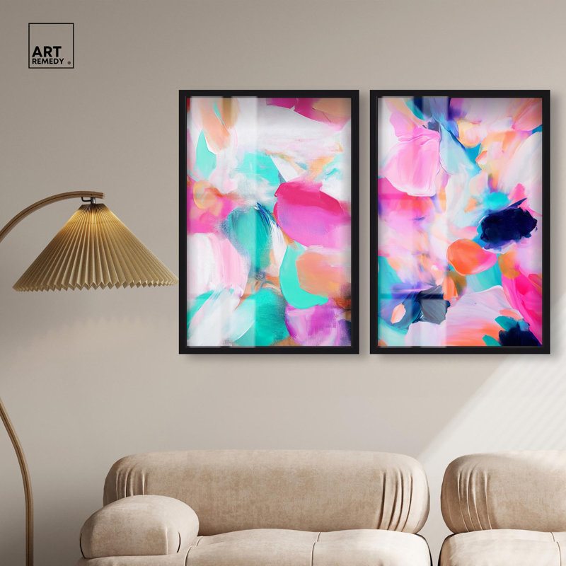 Ensemble d'art abstrait moderne « Harmonious Currys » avec cadre-vitrine, par Art Remedy, cadre noir, 10 x 15, Cadre blond