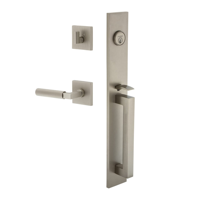 Viaggio Quadrato One-Piece Handleset With D Grip With Quadrato Rosette And Contempo Fluted Lever, 2.75", Satin Nickel, Right