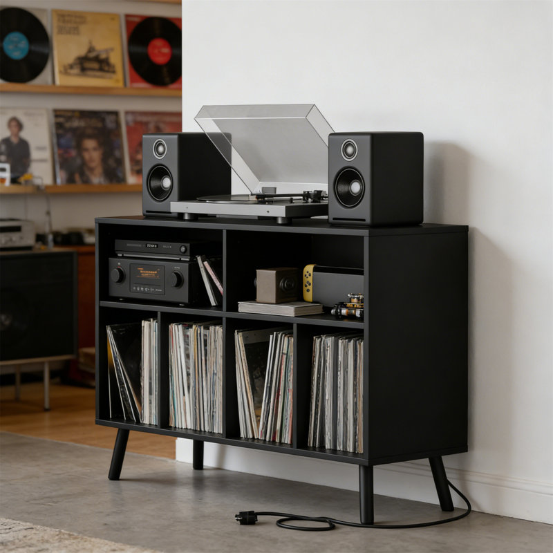 Wood Record Player Stand With Vinyl Storage Cabinet For Up To 350 Albums, Black, Black