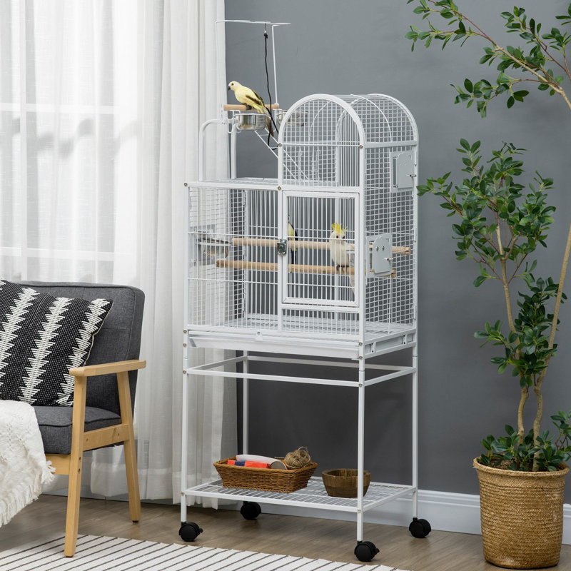 Cage à oiseaux 1 pièce acier / bois blanc avec support roulant