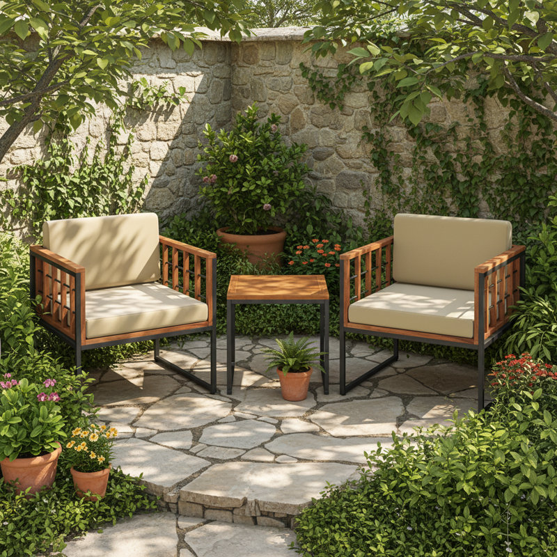 3-Piece Outdoor Bistro Set, Acacia Wood Conversation Patio Set with 2 Armchairs, Small Coffee Table, Washable Seat & Back Cushions, Modern Furniture for Balcony, Porch, Garden, or Backyard