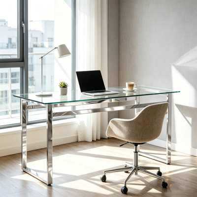 Bureau moderne en verre avec pieds chromés, espace de travail multifonctionnel pour le bureau à domicile