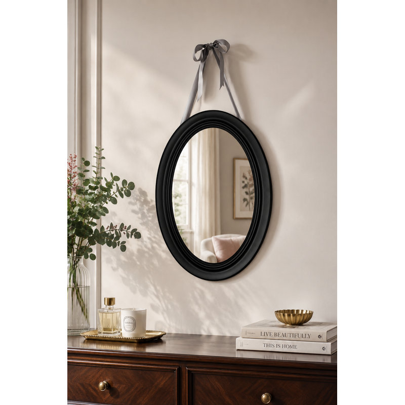 Oval Wall Mirror – Grooved Frame Decorative Accent for Bathroom or Bedroom, Black
