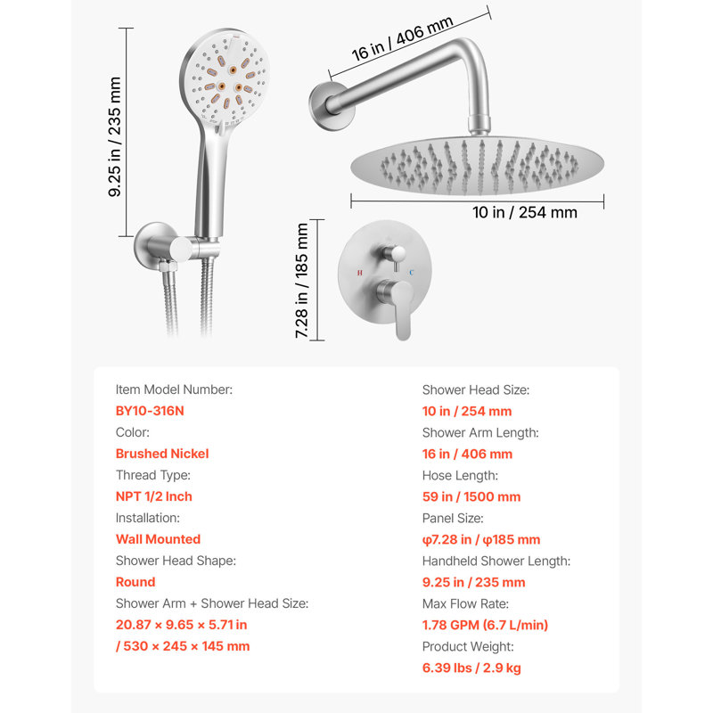 Shower Faucet Set 10" Round Rain Shower Head and Hand Set Brushed Nickel
