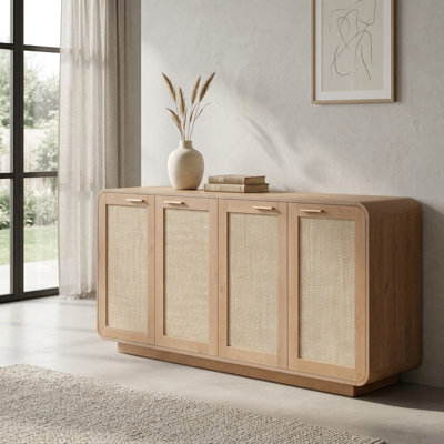 Buffet 64,6 po, console de rangement à 4 portes avec base intégrée et coins arrondis, caramel