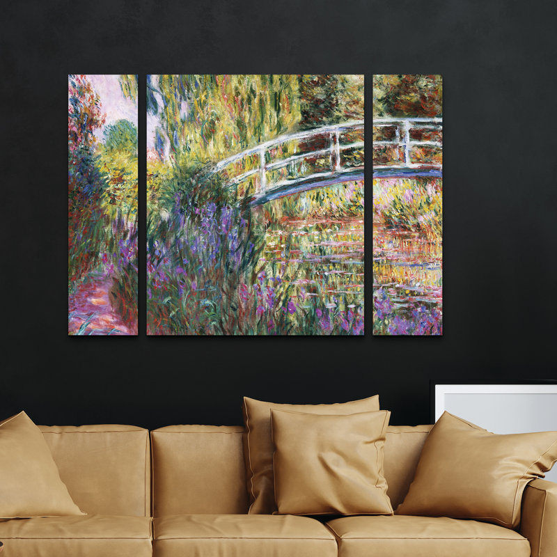Ensemble de 3 panneaux muraux sur toile - "Le pont japonais IV" par Claude Monet pour décoration de salon, de chambre à coucher ou de bureau 