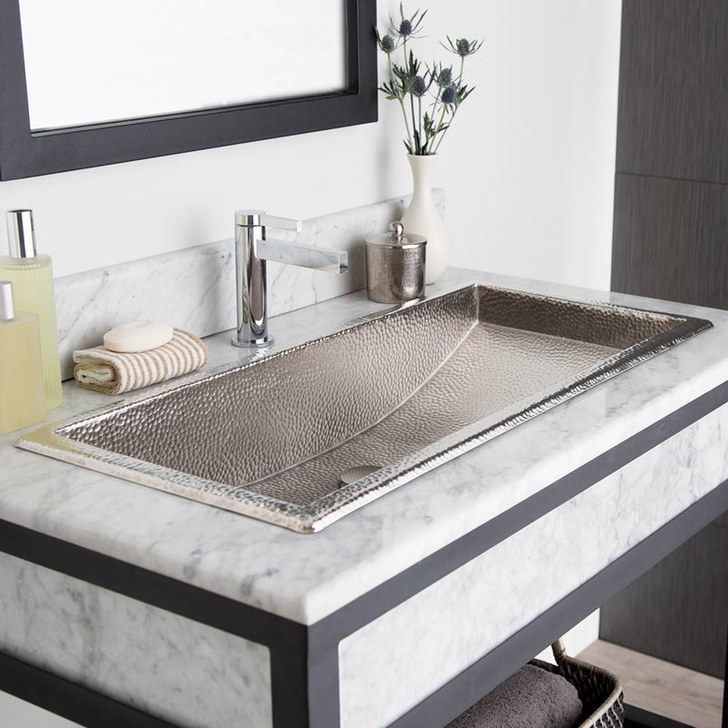Lavabo de salle de bain rectangulaire encastré en cuivre martelé à la main, Nickel brossé