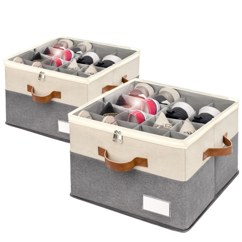 Bacs à chaussures pliables avec couvercle transparent, porte-chaussures peu encombrant avec 4 poignées, boîte de rangement pour chaussures réglable, convient à 8 à 16 paires, paquet de 2, beige