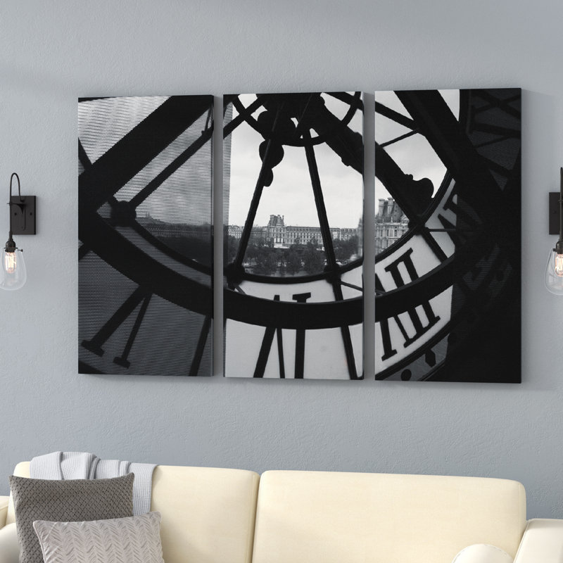 Tour d’horloge à paris, ensemble de 3 reproductions de photos sur toiles, H 60 po x l 90 po x P 1,5 po