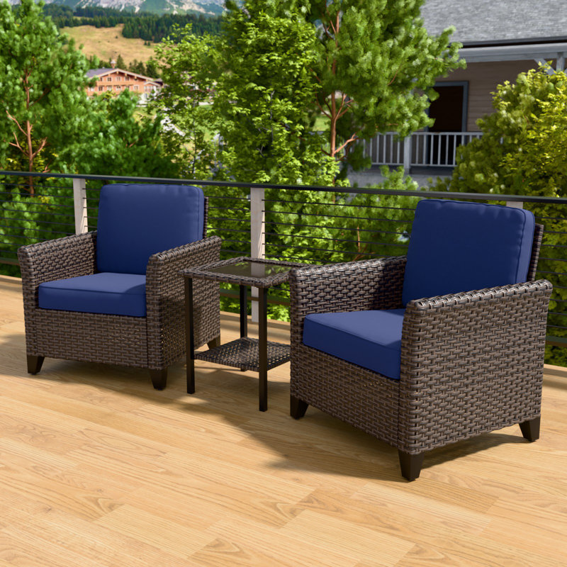 Blue Cushioned 3-Piece Black Steel Wicker Patio Set