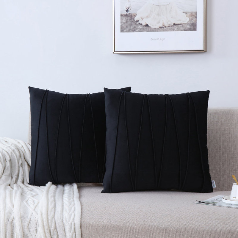 Housse de coussin plissée carrée en velours de polyester, H 18 po x l 18 po, Noir