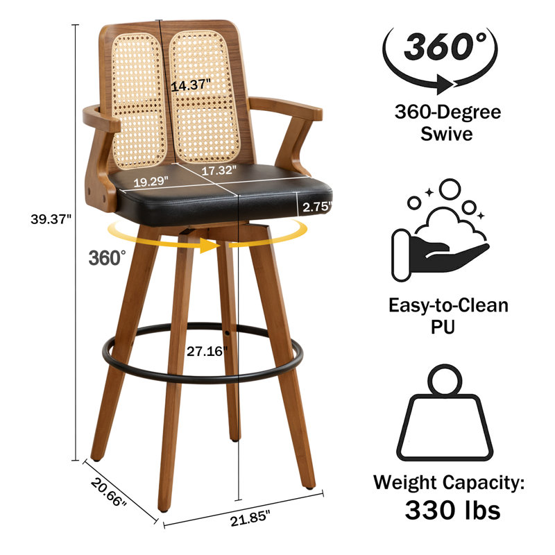 Modern Swivel Upholstered Cane Back Counter & Bar Stool, Black, Counter Stool (26” Seat Height)