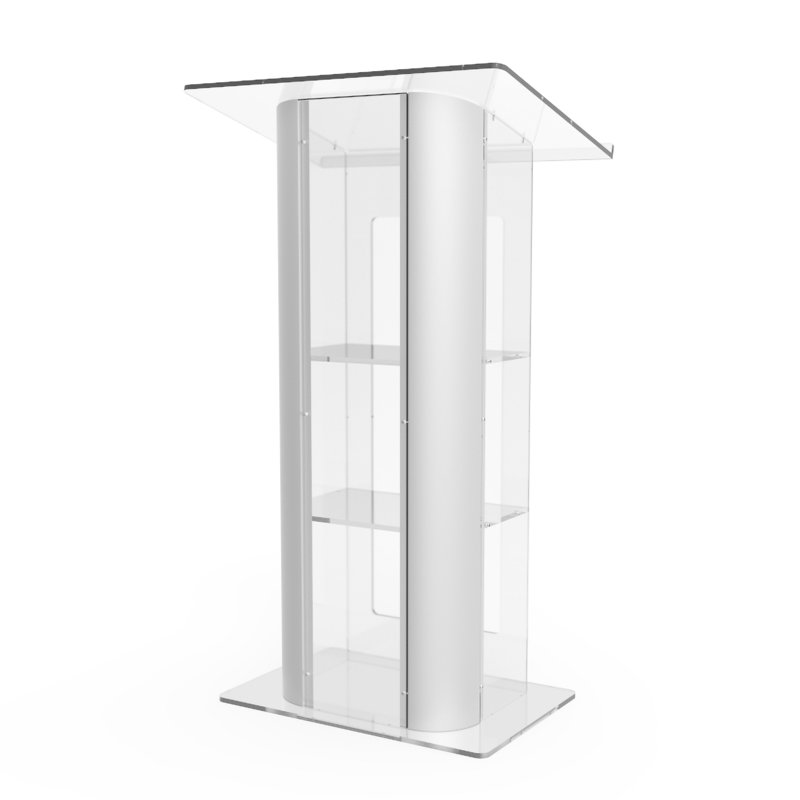 Plexiglas assemblé FixtureisplaysMD en plexiglas transparent avec côtés incurvés en acier inoxydable brossé et pupitre 14307 - Podium assemblé