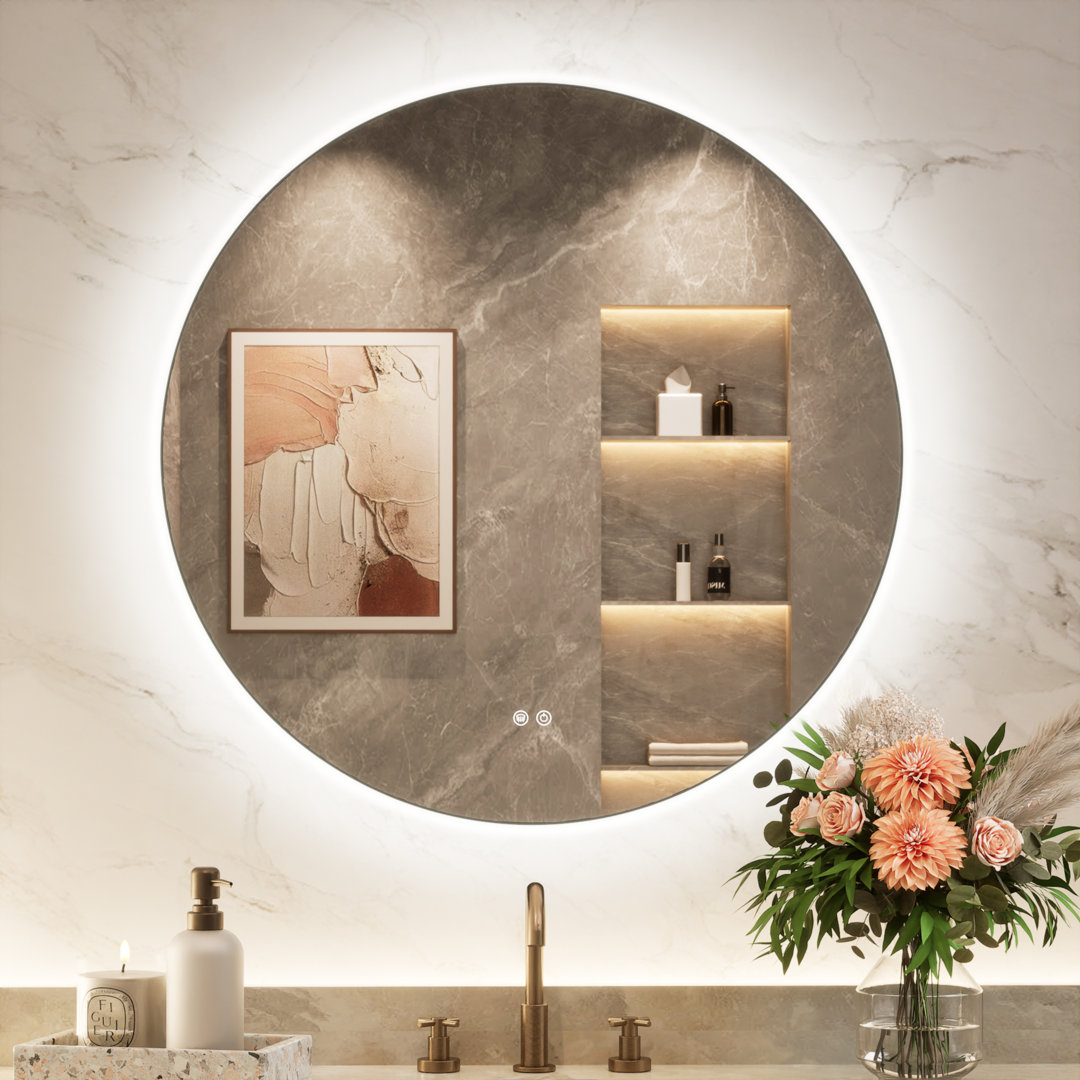 Adorna  Round Frameless Backlit Mirror, LED Bathroom Mirror with Dimmable Brightness, Anti-fog Function, 50000h Lifetime, Shatterproof Film Orren Ellis 
