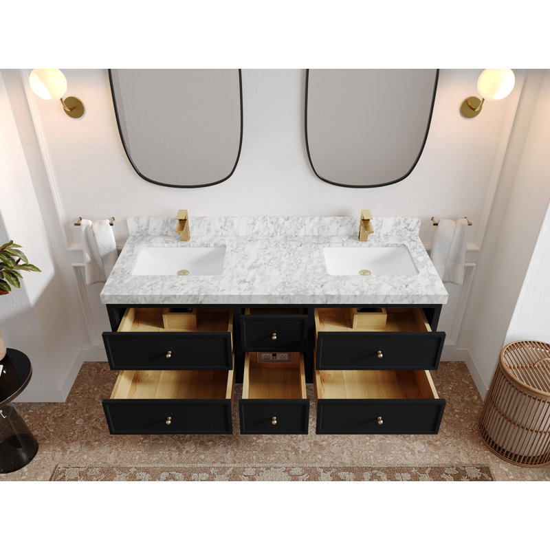 Meuble-lavabo double flottant 60 po avec dessus Roswell, Marbre de Carrare