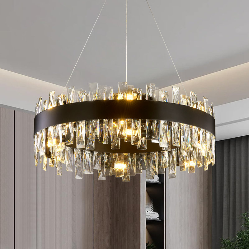 Lustre rond en cristal K9 de 23,6 pouces de hauteur réglable avec hauteur réglable pour la salle à manger et la cuisine, 12