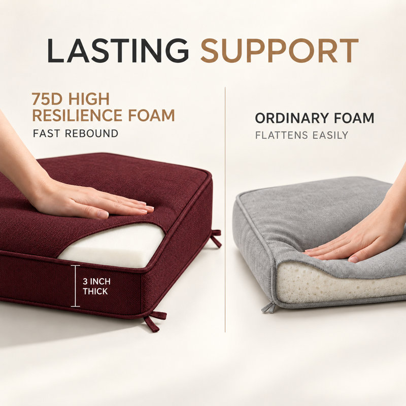 Coussin de banc sur mesure de 7,6 cm de hauteur, pour intérieur et extérieur, avec double passepoil et 2 attaches.