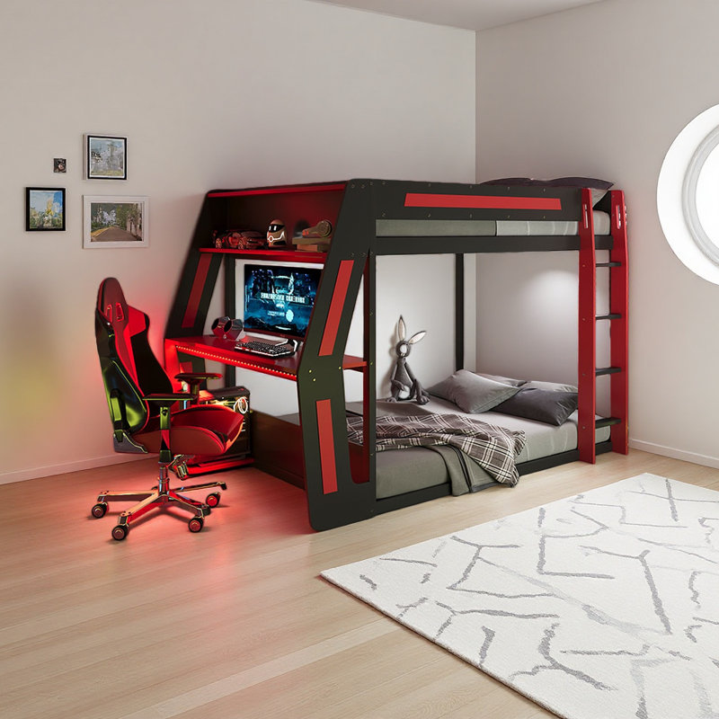 Lit superposé double pleine grandeur avec bureau RVB surdimensionné monté sur le côté, ports de charge USB et œillet à câble, bande lumineuse à DEL
