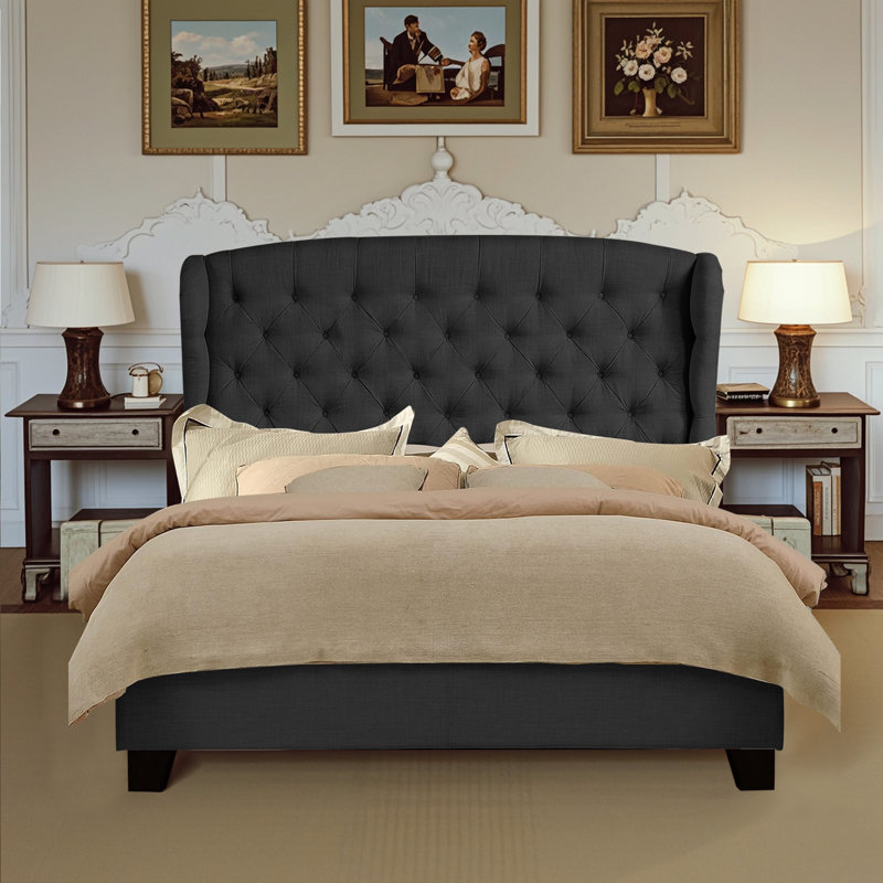 Linen Fabric Upholstered Bed,Tufted Headboard Adjustable Height Bed Frame, Full, Black