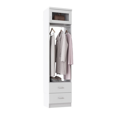 Tranquil White 19.5" Floor-Mounted Closet Section with Glass Doors, 1 Clothing Rod, 1 Shelf & 2 Slab Drawers