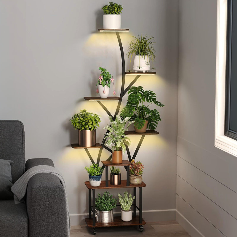 Support pour plante d'intérieur à 8 niveaux avec culture intégrée, grande tablette en métal pour plusieurs zones de plantes, noyer