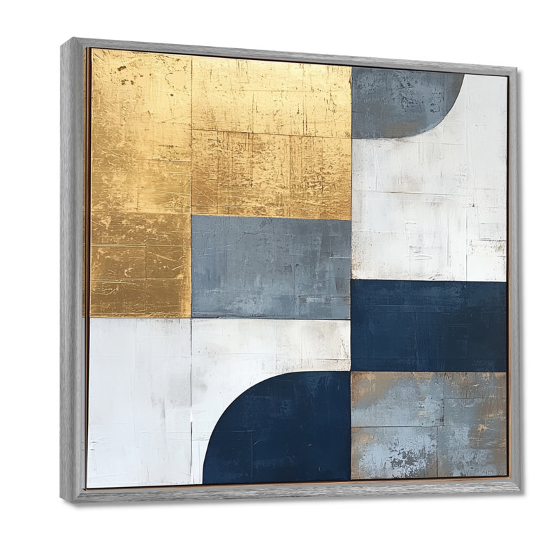 Nuriddin géométrique bleu doré et gris forme pure IV - abstrait géométrique, art mural, H 16 po x l 16 po, Argent argent