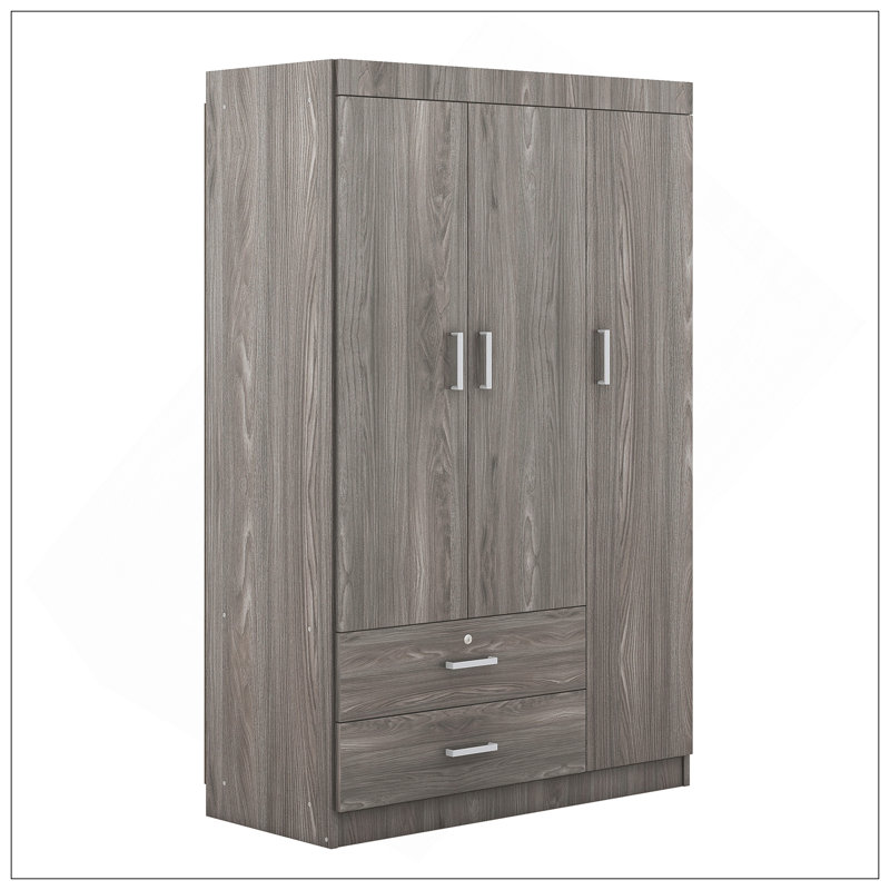 Armoire 3 portes avec 2 tiroirs, effet grain de bois gris, Gris