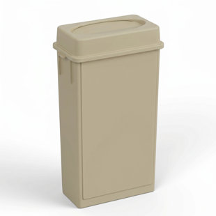 23 Gallon Beige Slim Rectangular Plastic Trash Can with Drop Shot Lid and Venting Channels