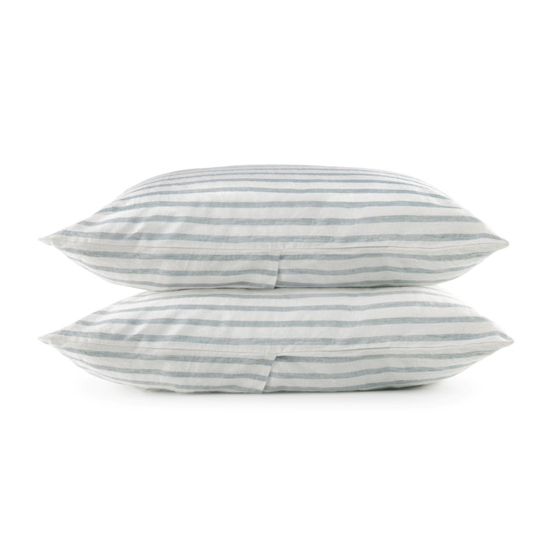 100% French Linen Pillowcase Set, Standard Pillowcase, Cream/Wave Striped