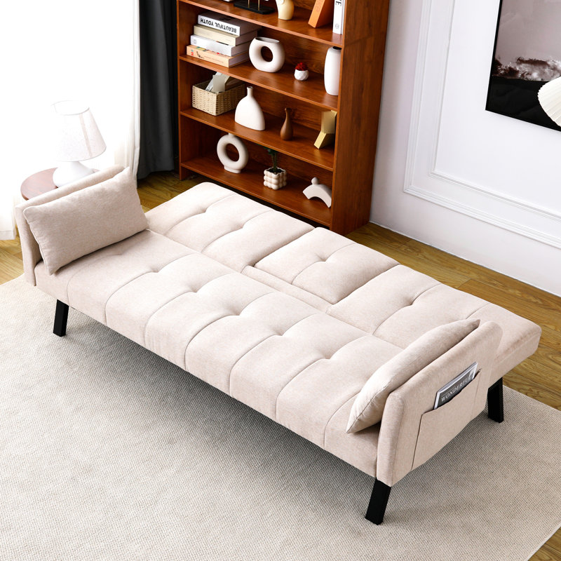 Lit pliant multifonctionnel de 70 pouces en coton et en lin, idéal pour les petits espaces, avec rangement central pour porte-gobelet, 2 coussins de siège, lit en lin beige, boissons relaxantes,