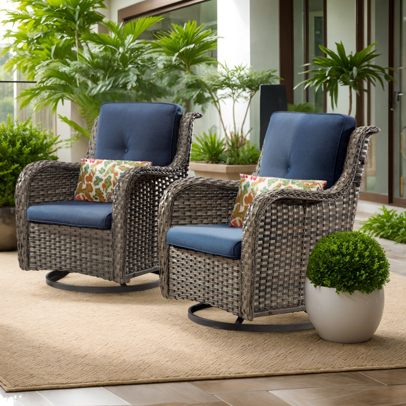 Anahit Swivel Wicker Patio Chair with Cushions (Set of 2), Navy