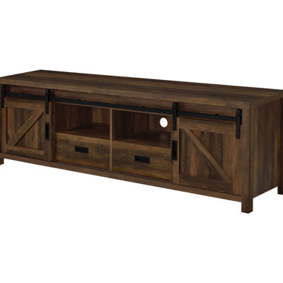 Meuble télé en bois d'ingénierie au fini pin foncé, 2 portes, pour téléviseurs de 70 à 79 pouces, offrant une configuration élégante et fonctionnelle avec finition, deux tiroirs et portes coulissantes.