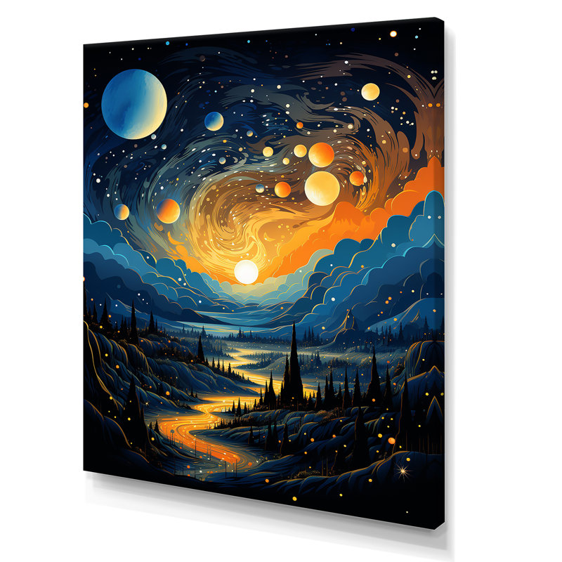 Bleu et orange, planète cosmique Constellations I - art mural de la planète espace, Toile tendue, 20" H x 12" W