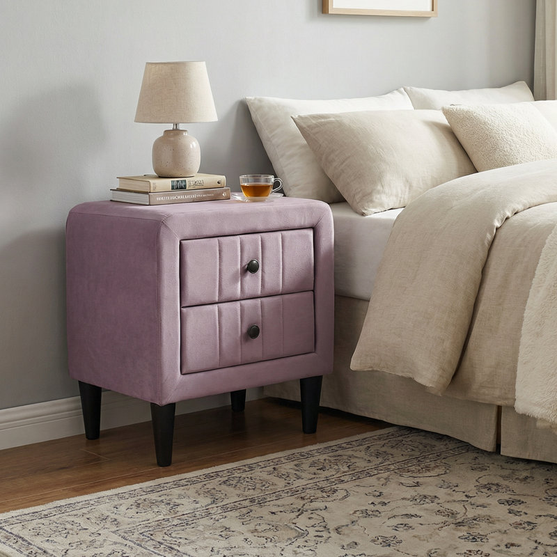 Table de chevet 22 po avec 2 tiroirs et table de chevet en velours, Light Pink
