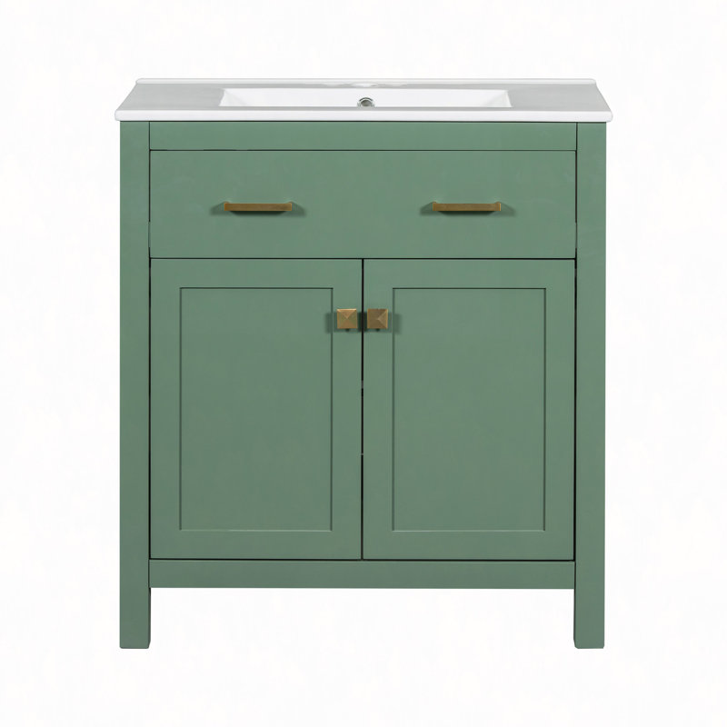 Meuble-lavabo 30 po avec lavabo en céramique, armoire de salle de bain simple verte avec 2 portes et une tablette, portes à fermeture douce