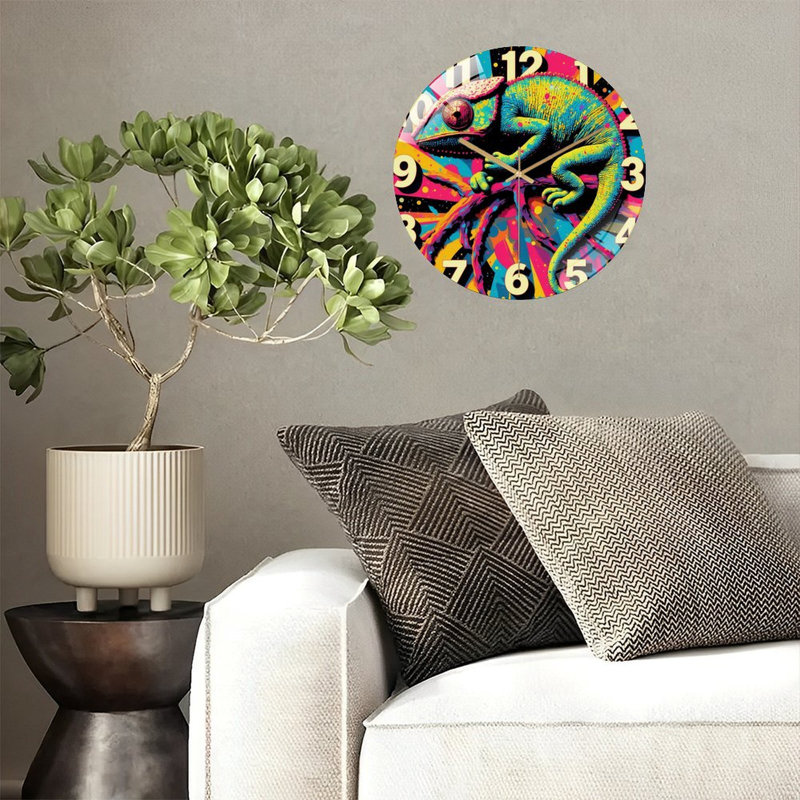Colourful Chameleon Wall Art Print for Home Decor Art - 12'' Modern Glass Wall Clock