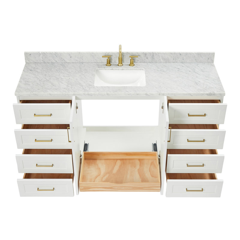 Ensemble de meuble-lavabo simple en bois massif 67 po avec plateau en marbre de Carrare 0,75 po Freitas, Blanc