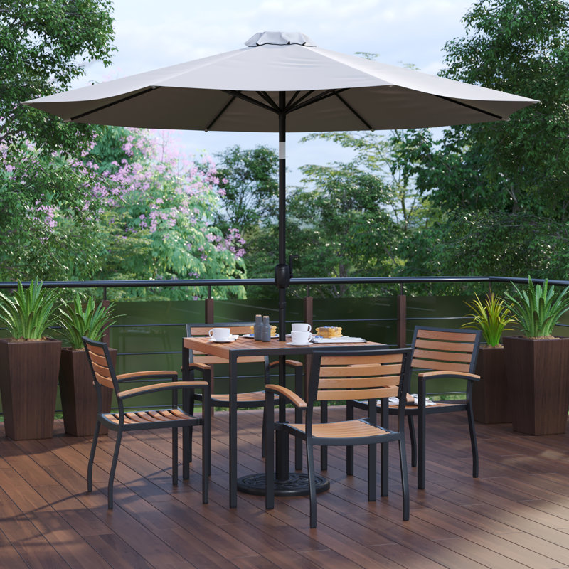 Table de patio carrée en faux teck de 35 po Abdiqani, 4 chaises et parasol 9 pi avec base, Parasol gris