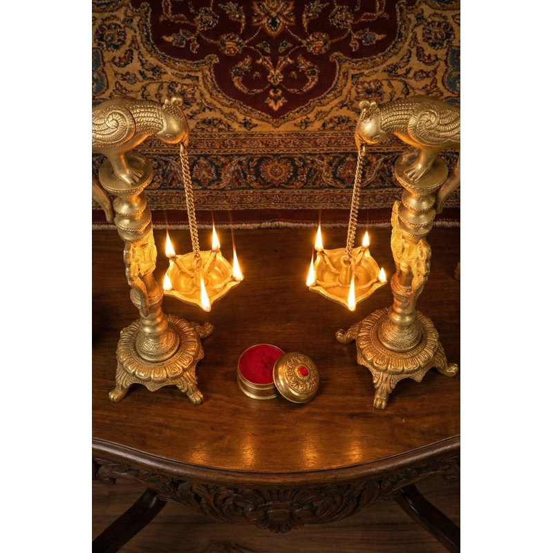 Handmade 12-Inch Pair of Five-Wick Parrot Hanging Brass Lamps with Stand – Artisanal Indian Ritual Diya Set for Puja, Decor, or Gifting